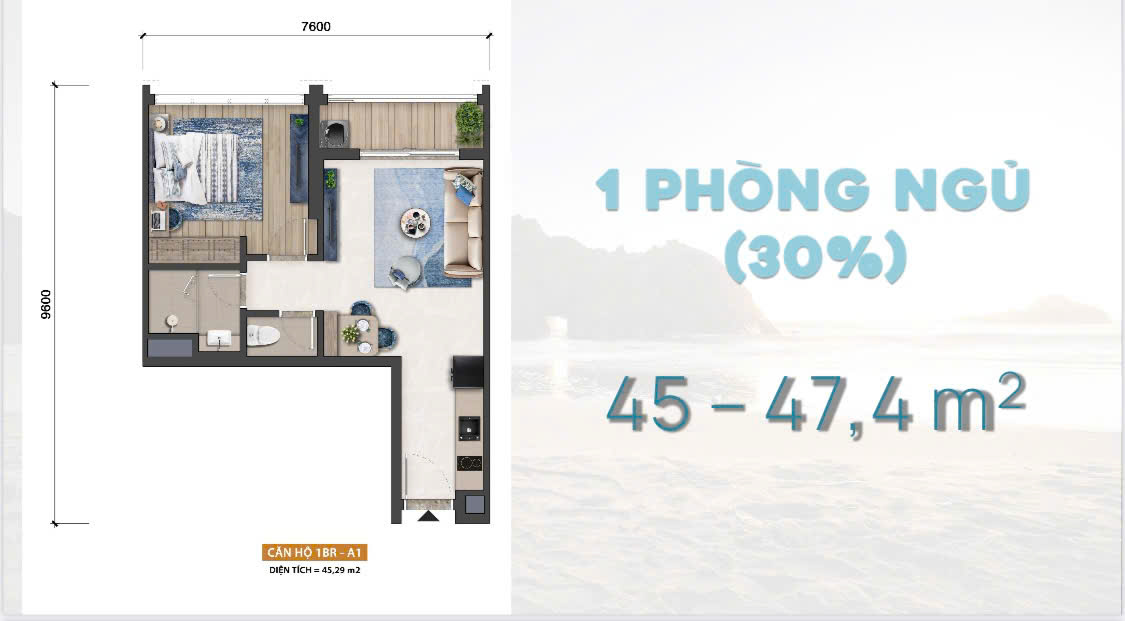 thiết kế căn hộ 1 PN blanca city